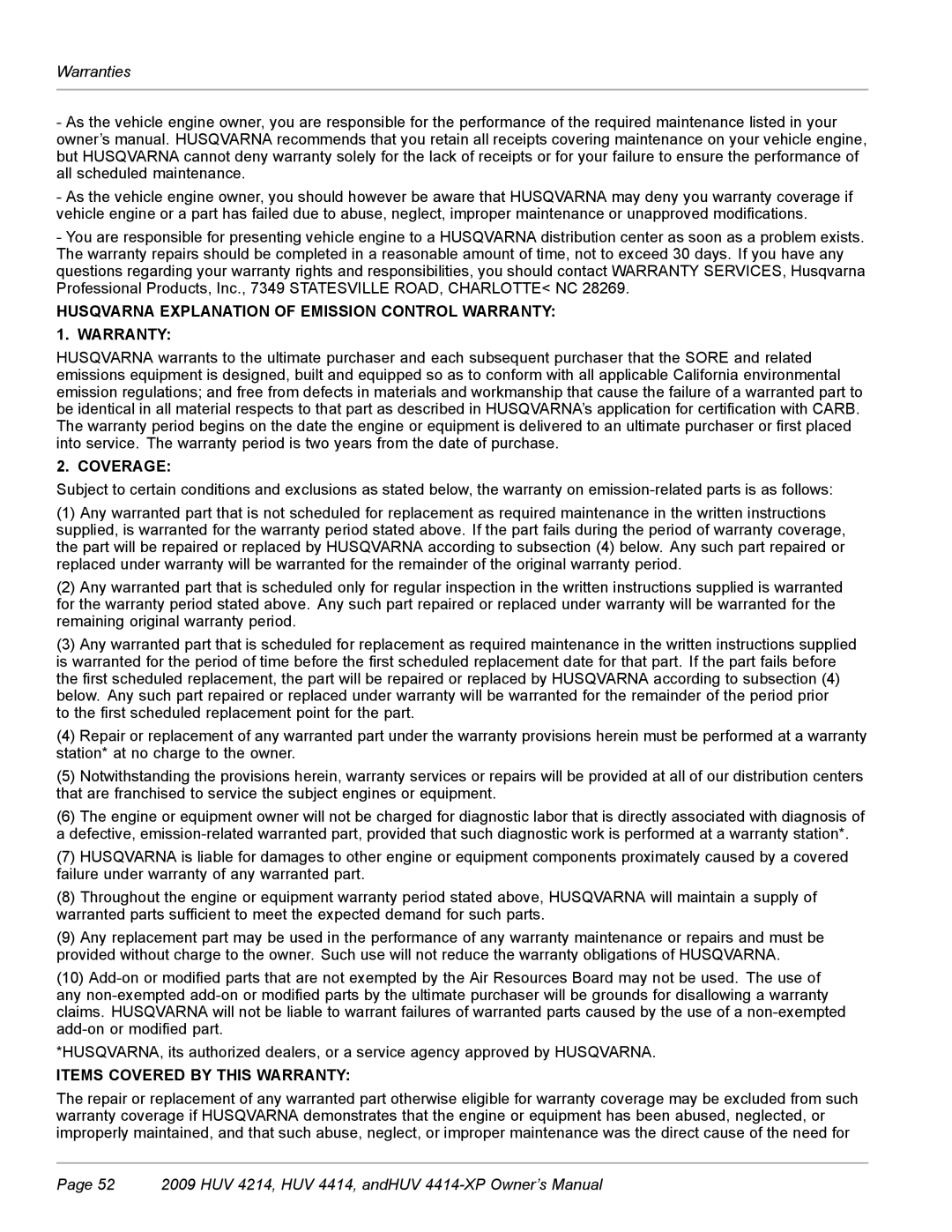 Husqvarna HUV 4214, HUV 4414-XP owner manual Husqvarna Explanation of Emission Control Warranty 