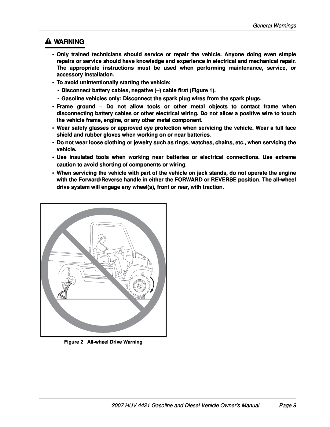 Husqvarna HUV 4421-D / DXP owner manual ý WARNING, General Warnings, To avoid unintentionally starting the vehicle, Page 