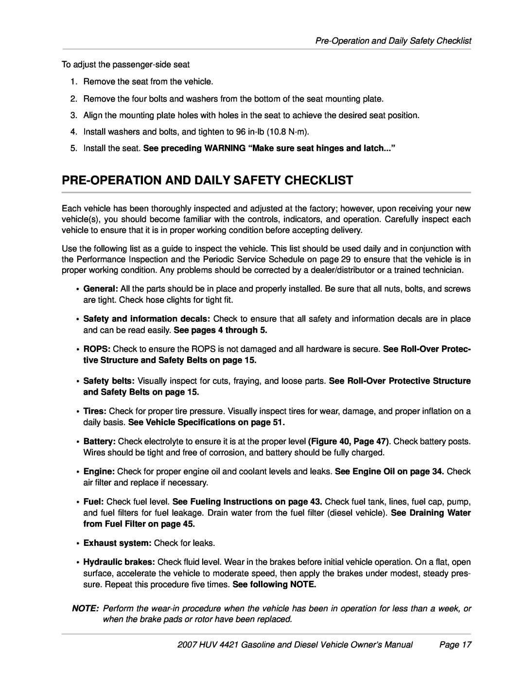 Husqvarna HUV 4421-D / DXP Pre-Operation And Daily Safety Checklist, Pre-Operation and Daily Safety Checklist, Page 