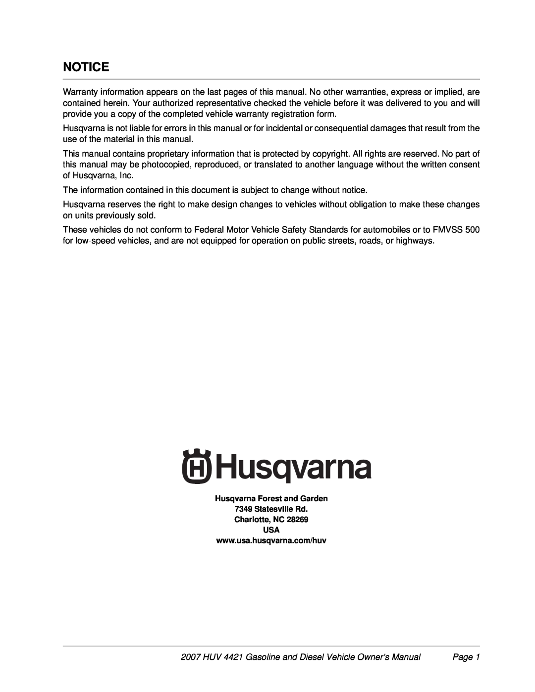 Husqvarna HUV 4421-D / DXP, HUV 4421-G / GXP owner manual HUV 4421 Gasoline and Diesel Vehicle Owner’s Manual, Page 
