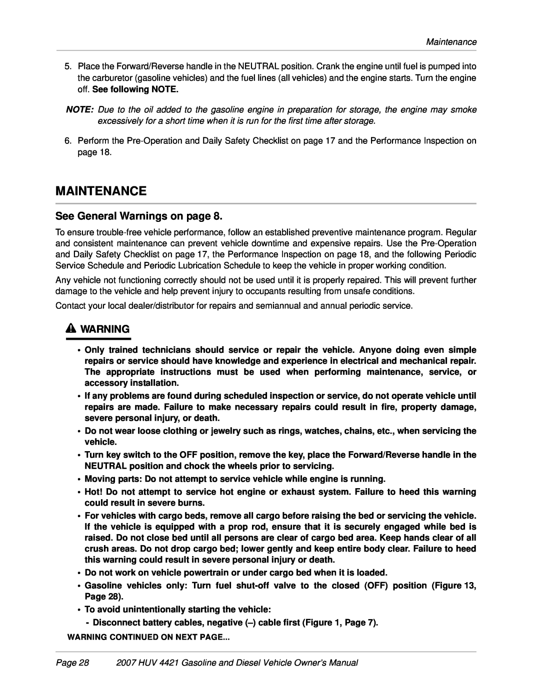 Husqvarna HUV 4421-G / GXP Maintenance, Page 28 2007 HUV 4421 Gasoline and Diesel Vehicle Owner’s Manual, ý WARNING 
