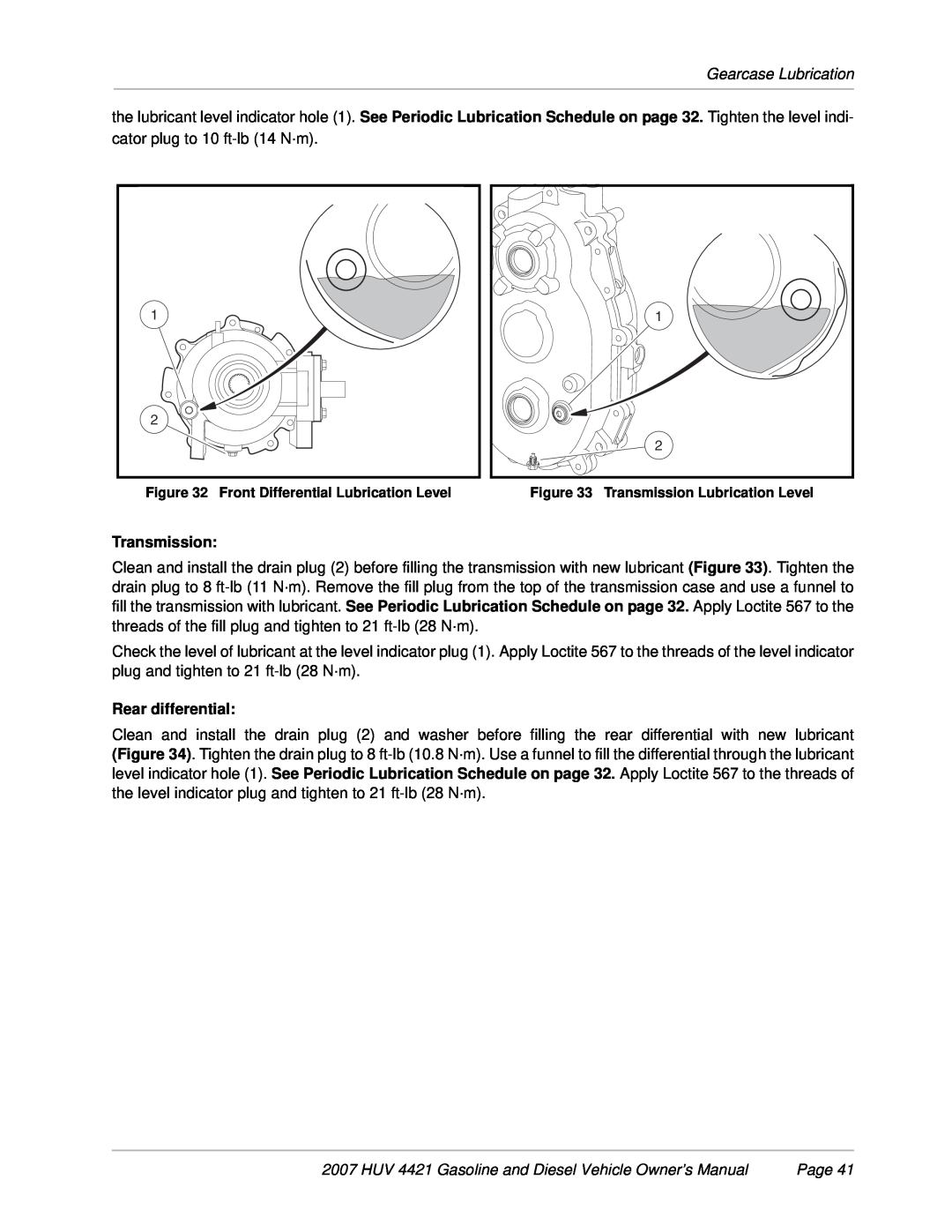 Husqvarna HUV 4421-D / DXP owner manual Gearcase Lubrication, Rear differential, Page, Transmission Lubrication Level 