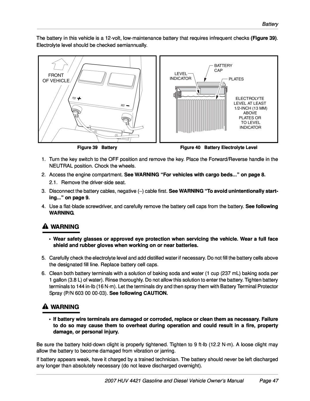 Husqvarna HUV 4421-D / DXP, HUV 4421-G / GXP ý WARNING, Battery, HUV 4421 Gasoline and Diesel Vehicle Owner’s Manual, Page 