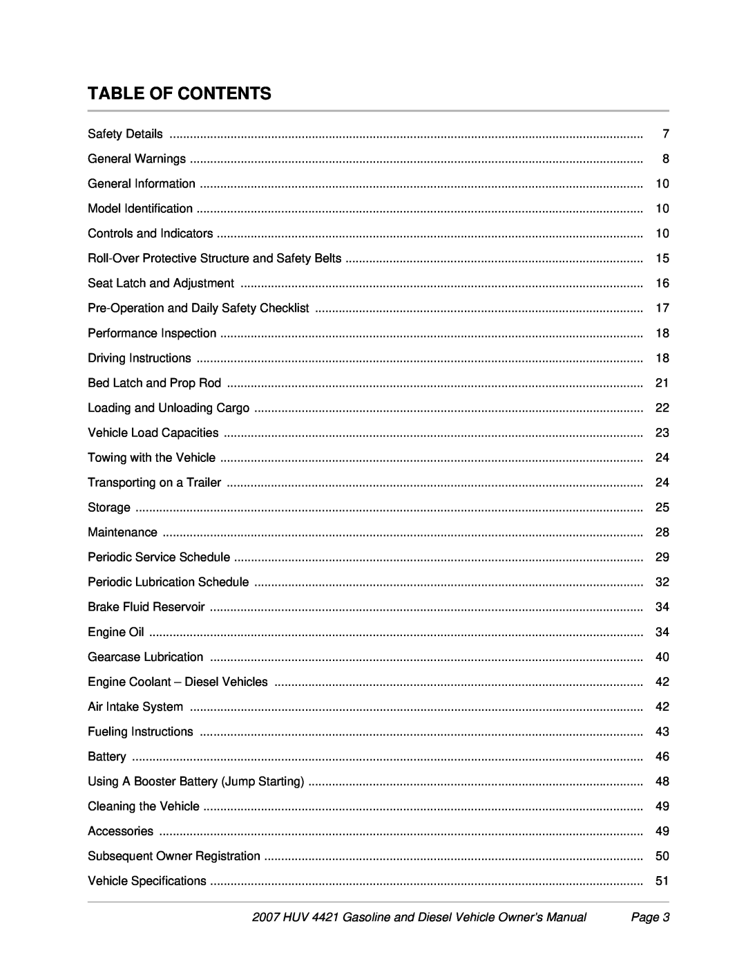 Husqvarna HUV 4421-D / DXP, HUV 4421-G / GXP Table Of Contents, HUV 4421 Gasoline and Diesel Vehicle Owner’s Manual, Page 