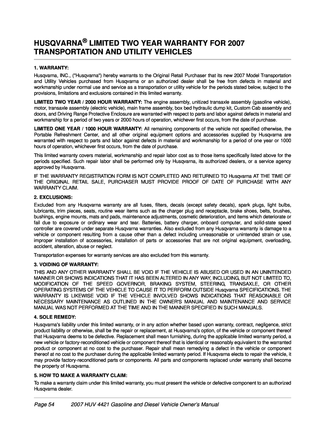 Husqvarna HUV 4421-G / GXP Page 54 2007 HUV 4421 Gasoline and Diesel Vehicle Owner’s Manual, Warranty, Exclusions 