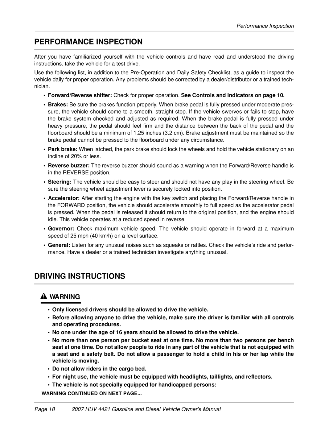 Husqvarna HUV 4421-G / GXP, HUV 4421-D / DXP owner manual Performance Inspection, Driving Instructions 