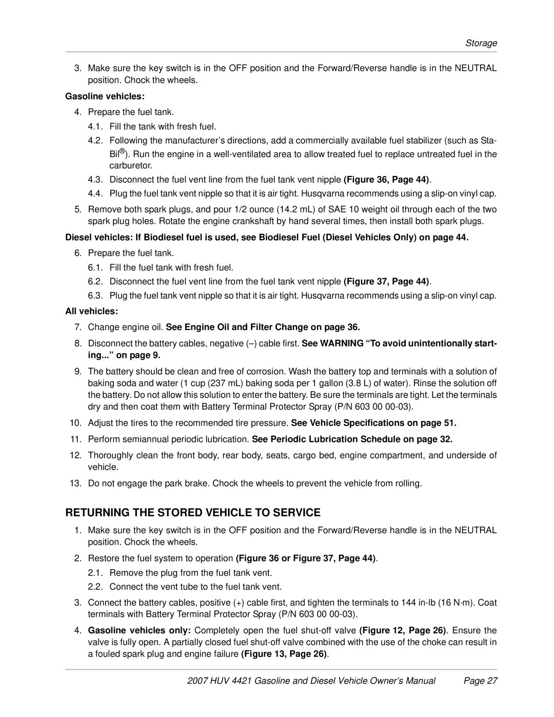 Husqvarna HUV 4421-D / DXP, HUV 4421-G / GXP owner manual Returning the Stored Vehicle to Service, Gasoline vehicles 