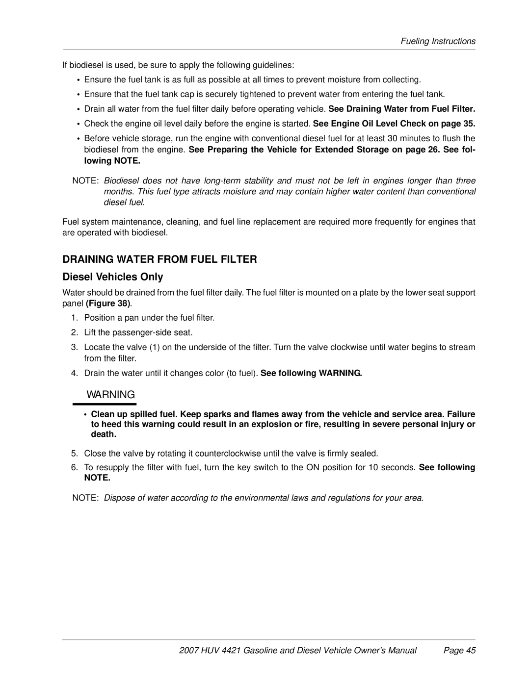 Husqvarna HUV 4421-D / DXP, HUV 4421-G / GXP owner manual Draining Water from Fuel Filter, Diesel Vehicles Only 