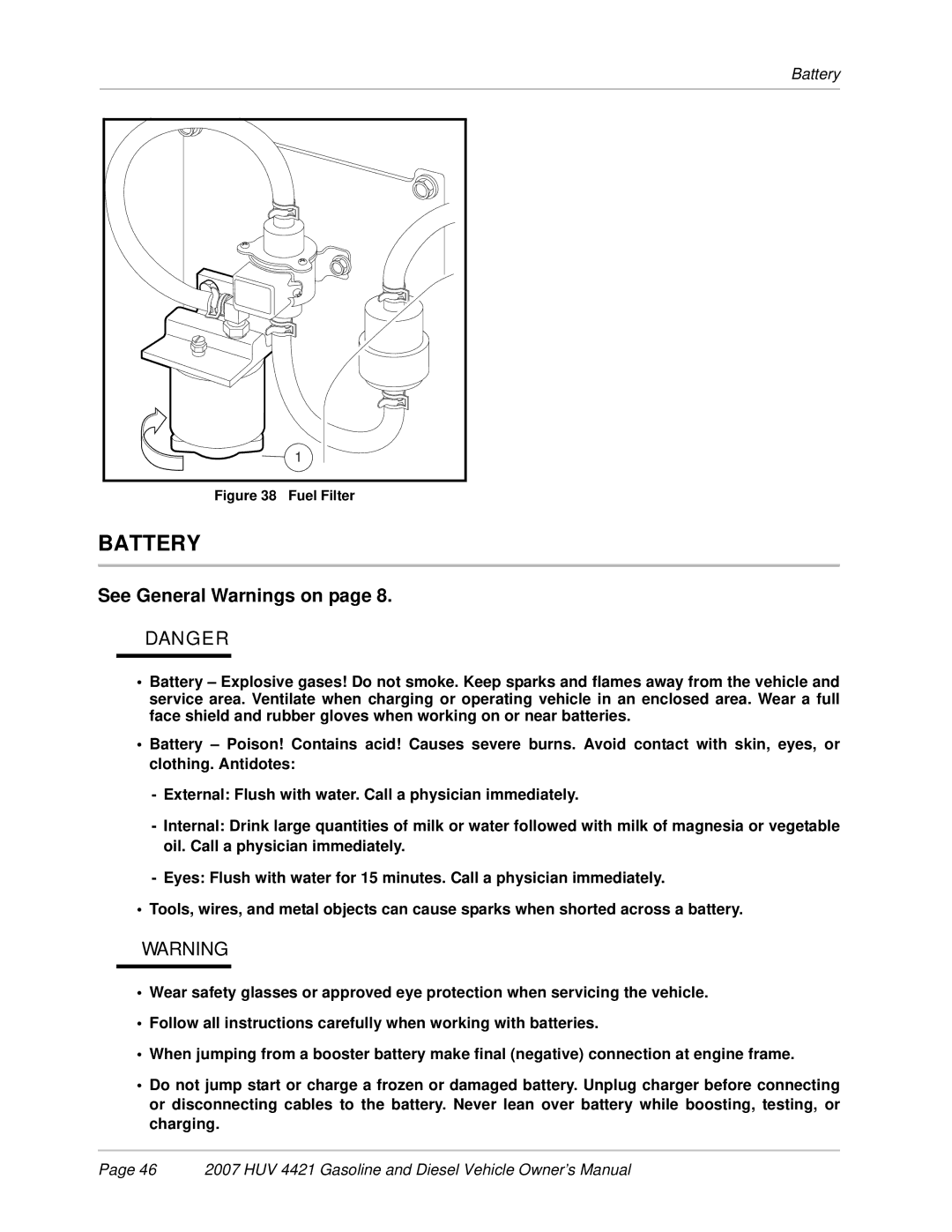 Husqvarna HUV 4421-G / GXP, HUV 4421-D / DXP owner manual Battery, Fuel Filter 