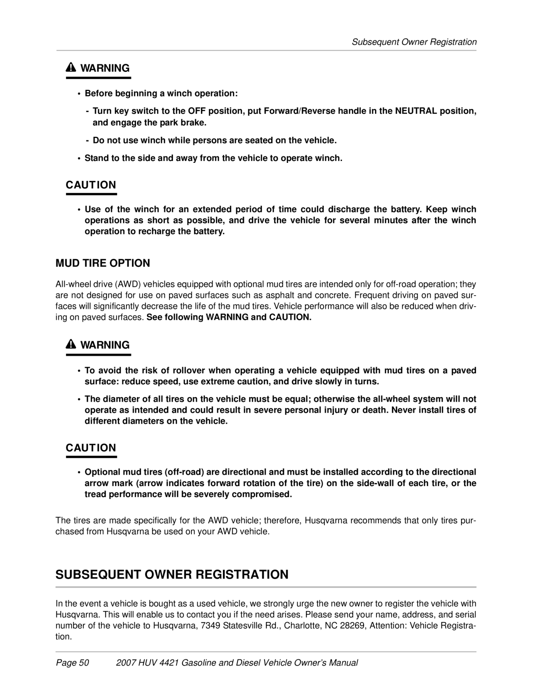 Husqvarna HUV 4421-G / GXP, HUV 4421-D / DXP owner manual Subsequent Owner Registration, MUD Tire Option 