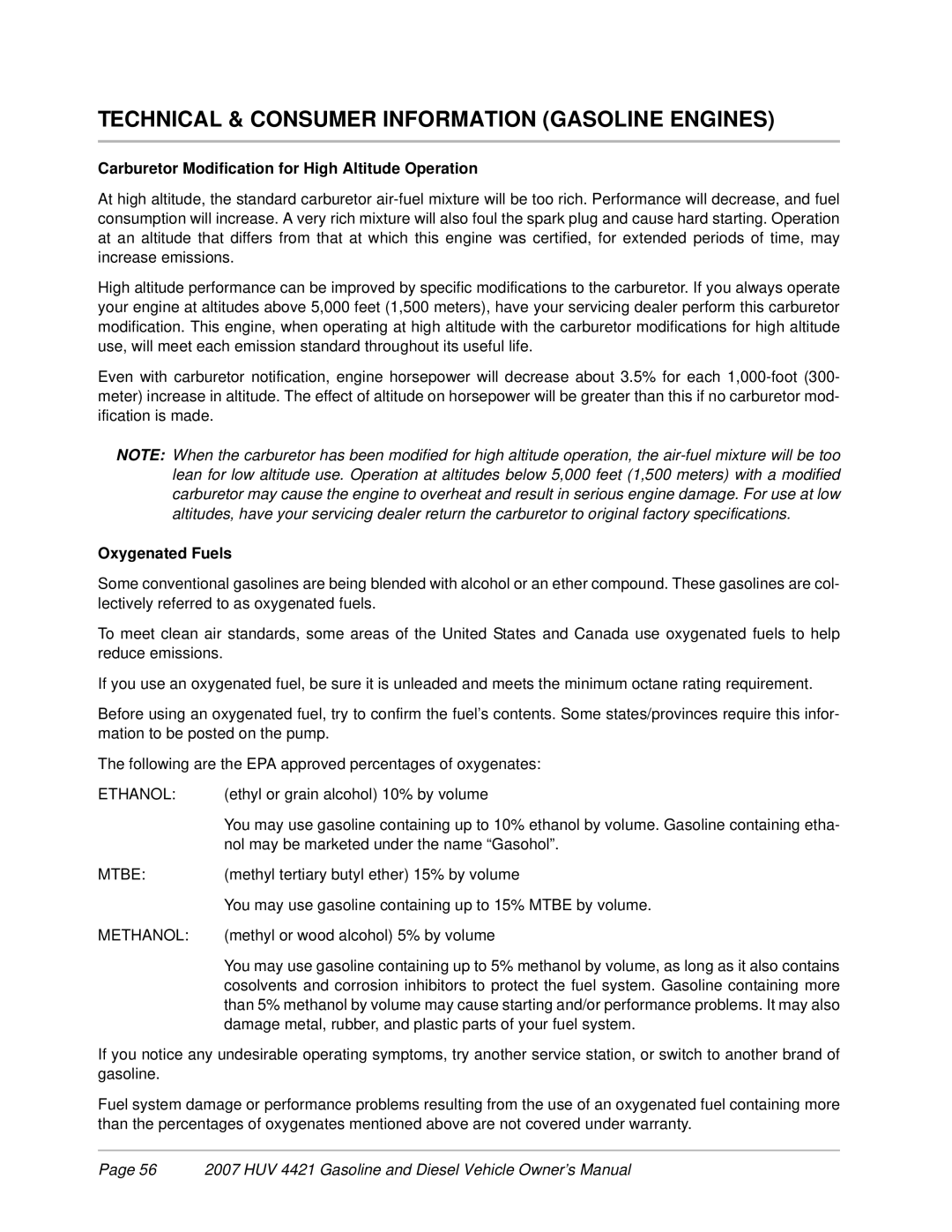 Husqvarna HUV 4421-G / GXP, HUV 4421-D / DXP Technical & Consumer Information Gasoline Engines, Oxygenated Fuels 