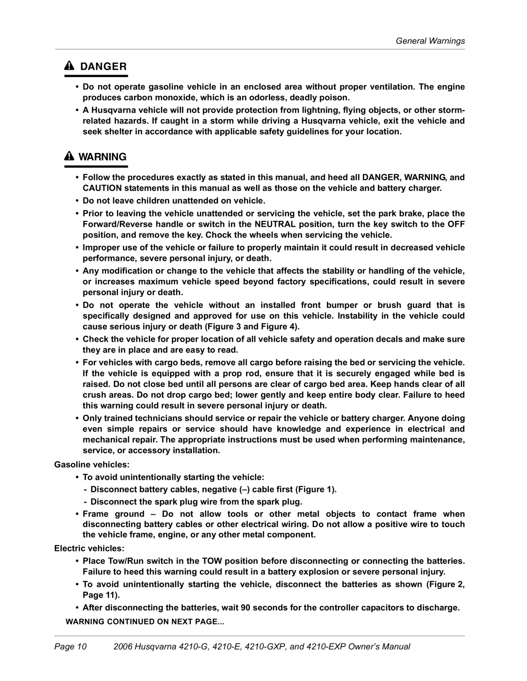 Husqvarna HUV4210-GXP, HUV4210-EXP manual General Warnings 