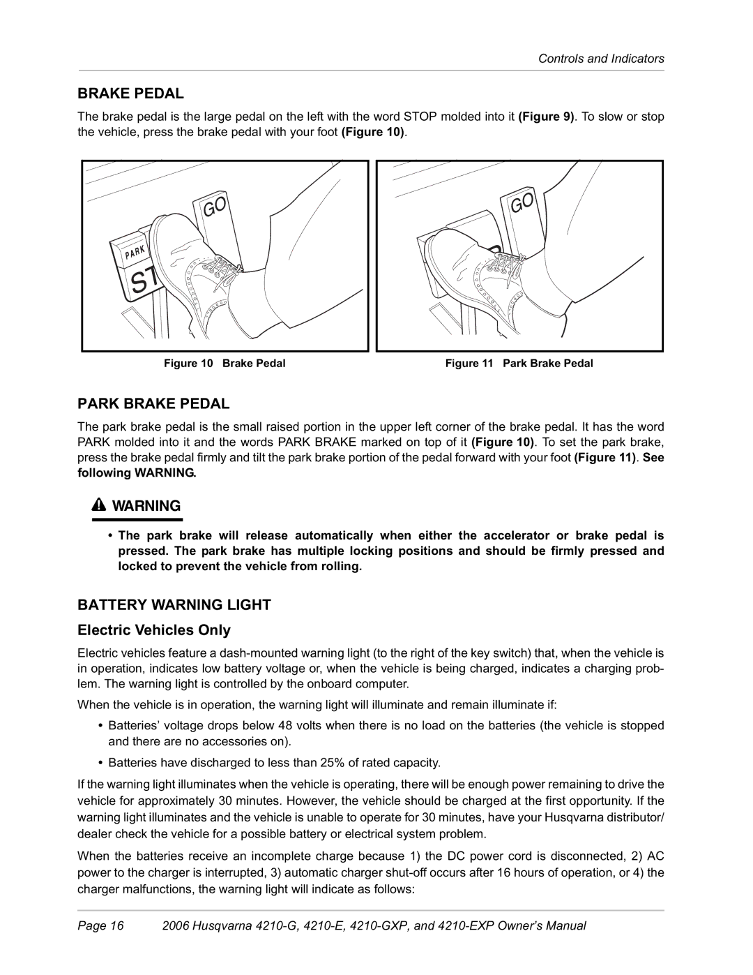 Husqvarna HUV4210-GXP, HUV4210-EXP manual Park Brake Pedal, Battery Warning Light, Electric Vehicles Only 
