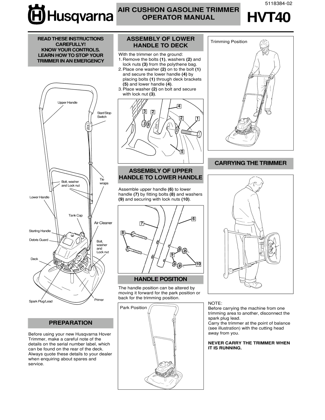 Husqvarna HVT40 manual Assembly of Lower Handle to Deck, Assembly of Upper Handle to Lower Handle, Carrying the Trimmer 