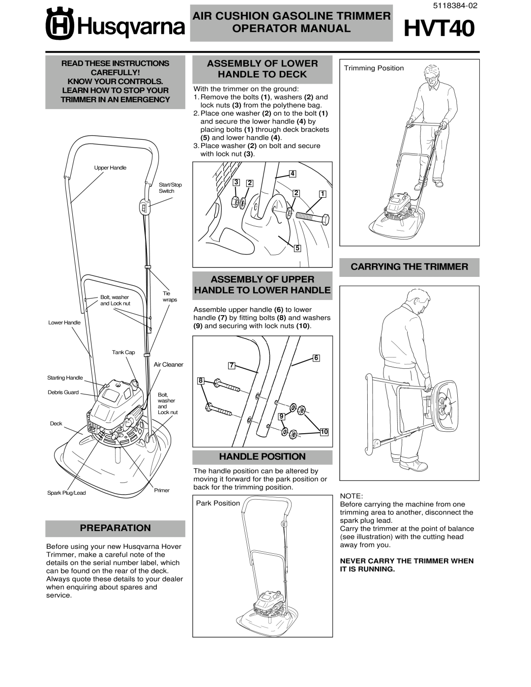 Husqvarna HVT40 manual Assembly Of Lower Handle To Deck, Assembly Of Upper Handle To Lower Handle, Carrying The Trimmer 