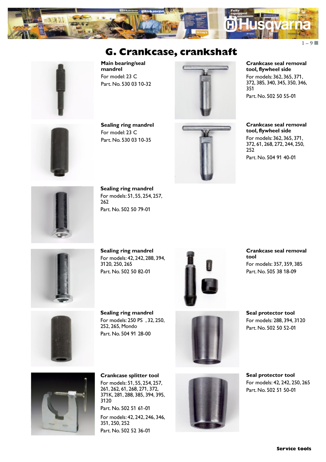 Husqvarna I0300046 manual Sealing ring mandrel, Crankcase splitter tool, Crankcase seal removal tool, Seal protector tool 