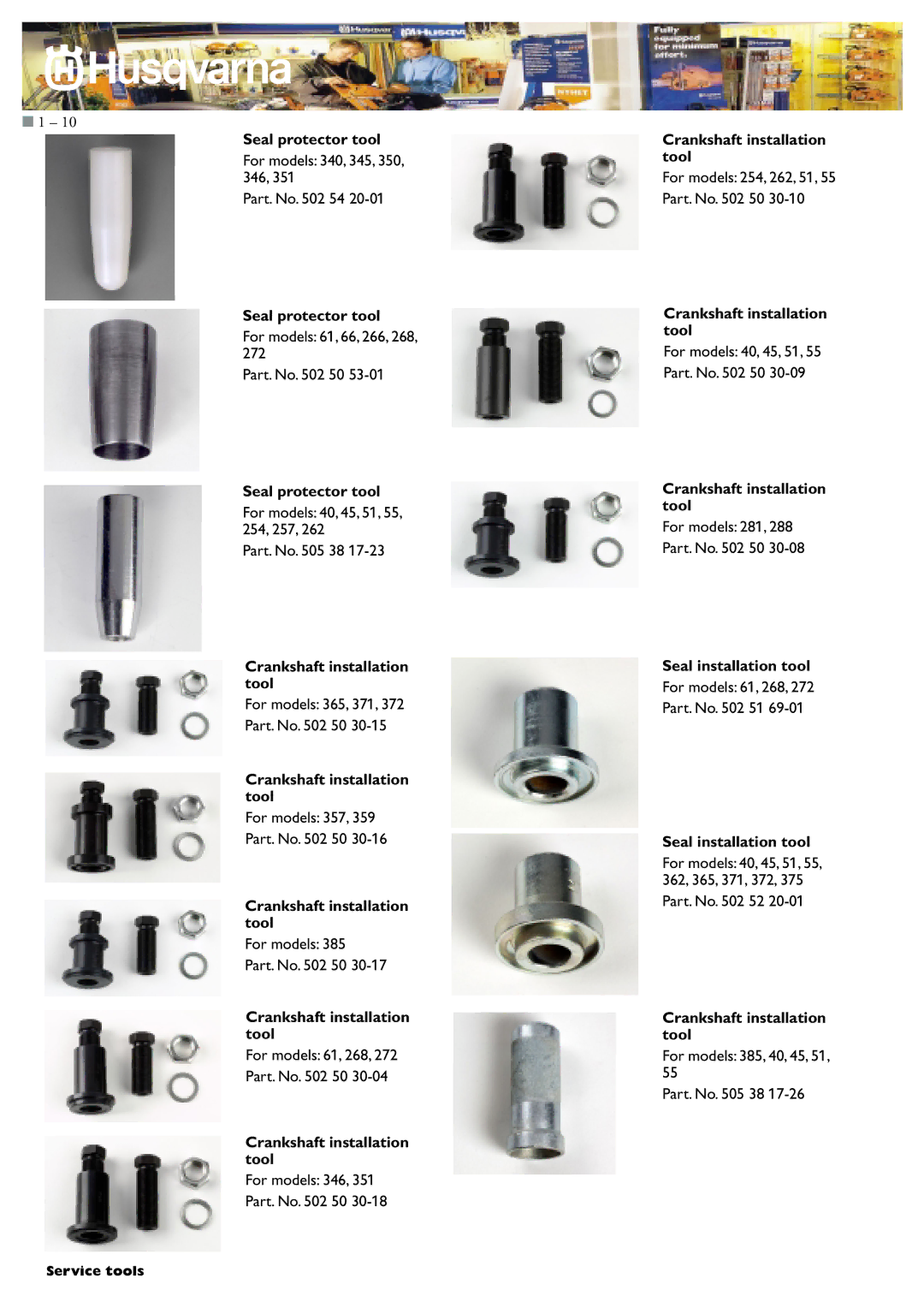 Husqvarna I0300046 manual Crankshaft installation tool, Seal installation tool 