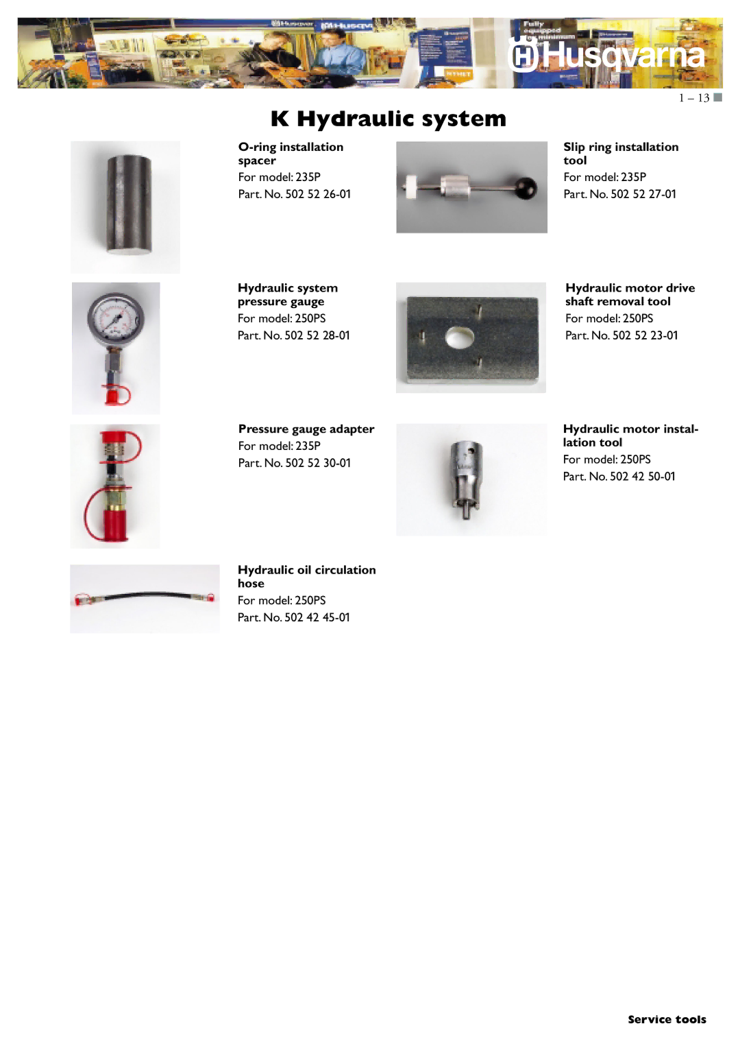 Husqvarna I0300046 Ring installation Slip ring installation Spacer Tool, Pressure gauge adapter Hydraulic motor instal 