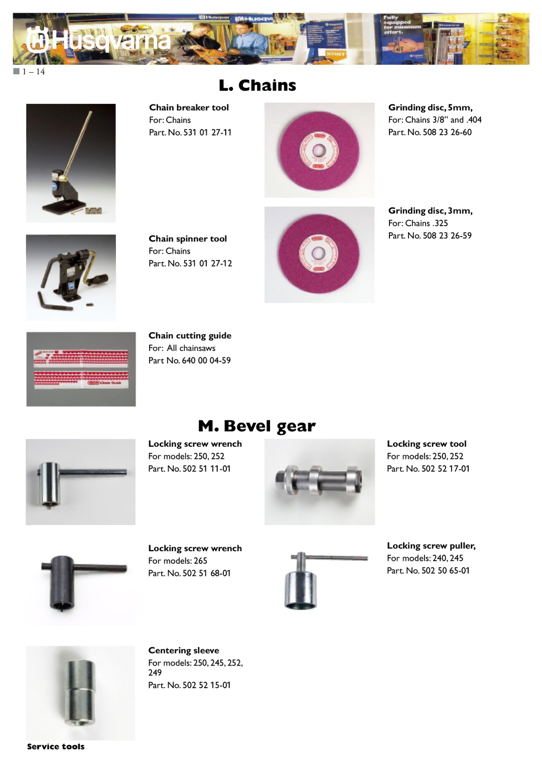 Husqvarna I0300046 Chain breaker tool, Chain spinner tool, Chain cutting guide, Locking screw wrench, Centering sleeve 