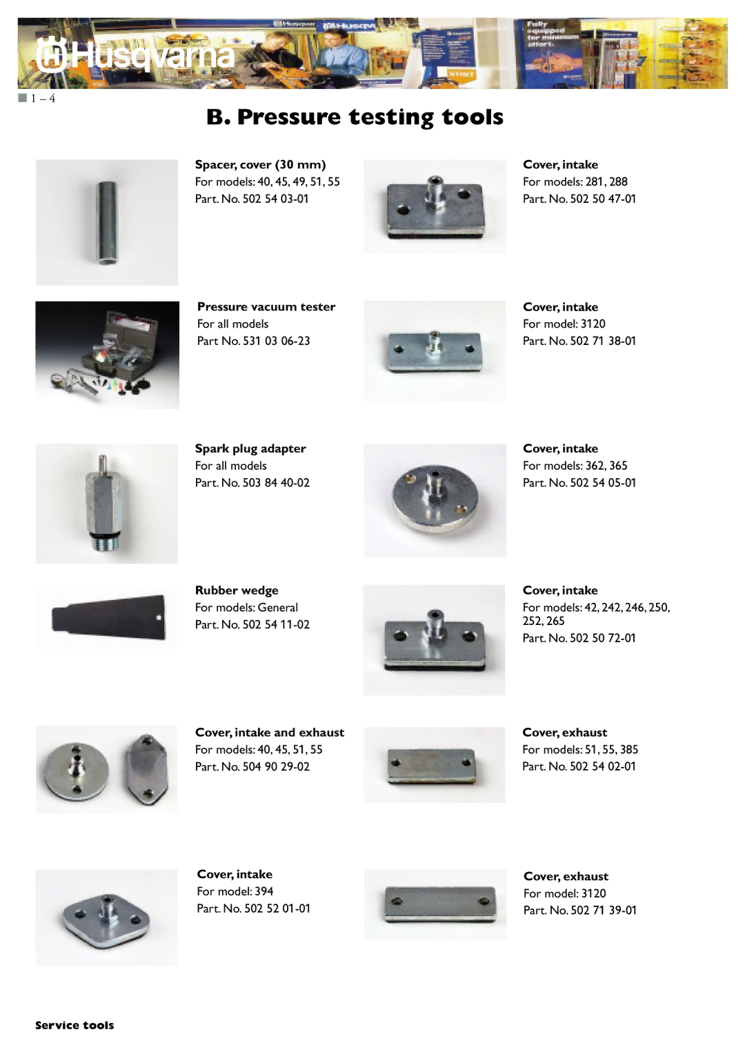 Husqvarna I0300046 manual Spacer, cover 30 mm, Pressure vacuum tester, Spark plug adapter, Rubber wedge, Cover, intake 