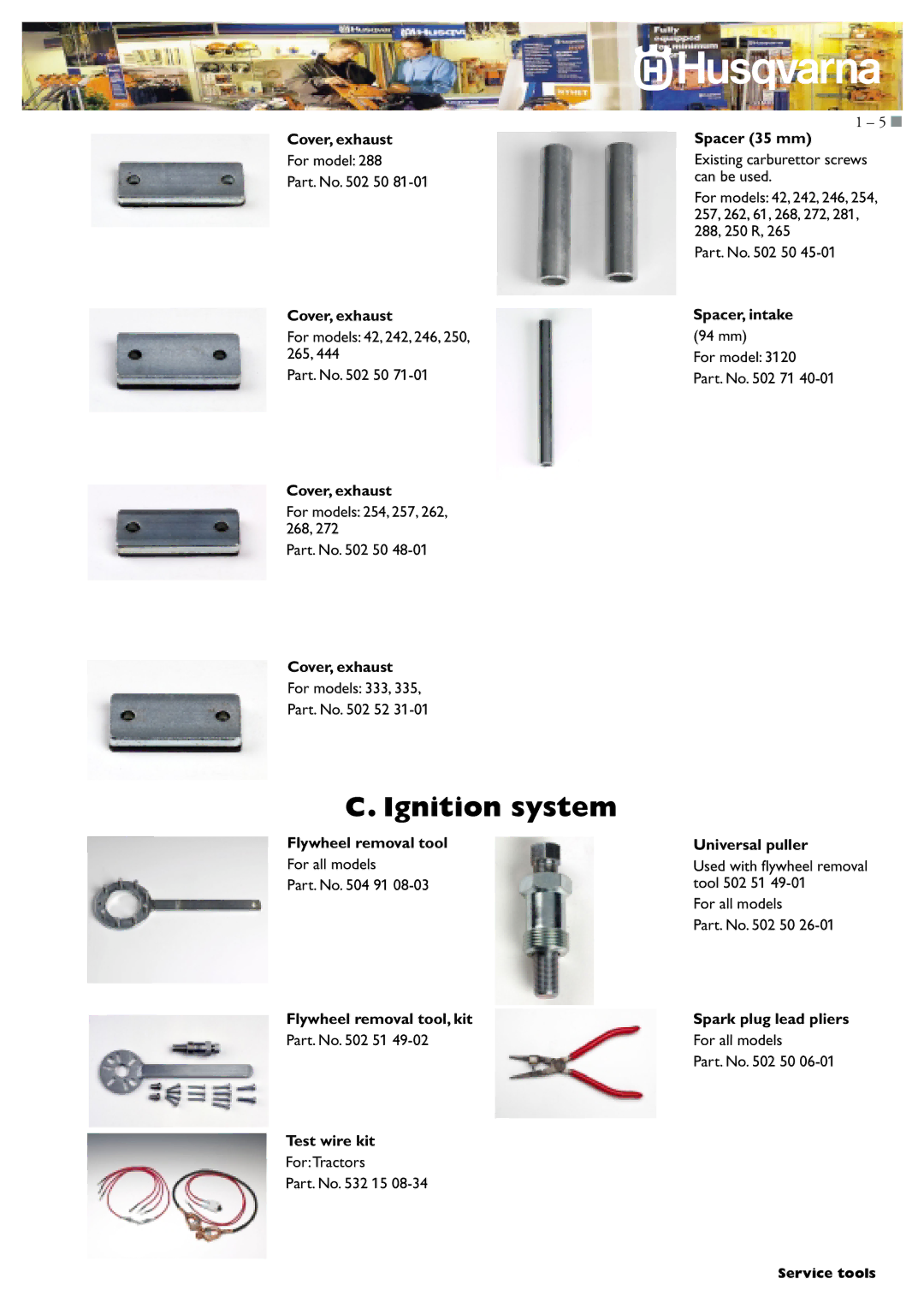 Husqvarna I0300046 manual Flywheel removal tool, kit, Test wire kit, Spacer 35 mm, Spacer, intake, Universal puller 