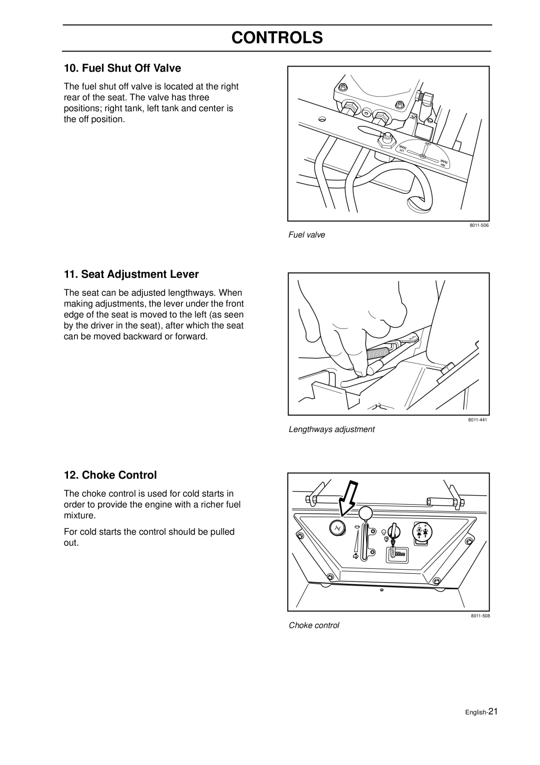Husqvarna IZ 21 manual Fuel Shut Off Valve, Seat Adjustment Lever, Choke Control 