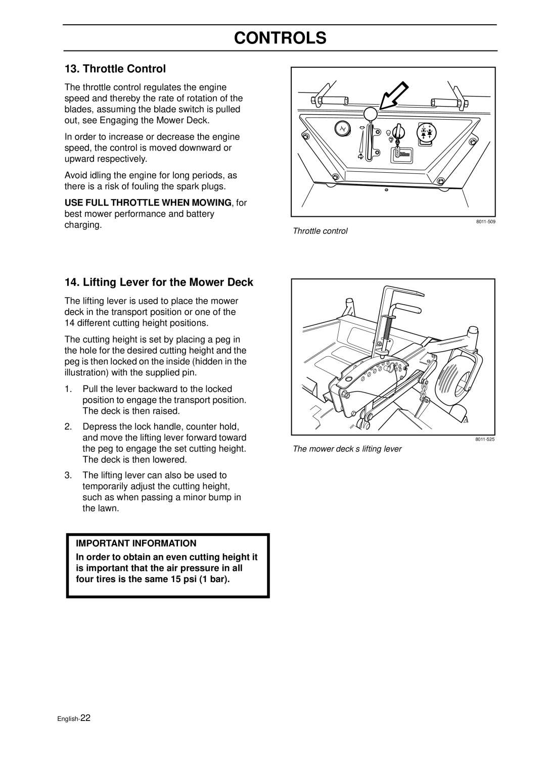 Husqvarna IZ 21 manual Throttle Control, Lifting Lever for the Mower Deck 