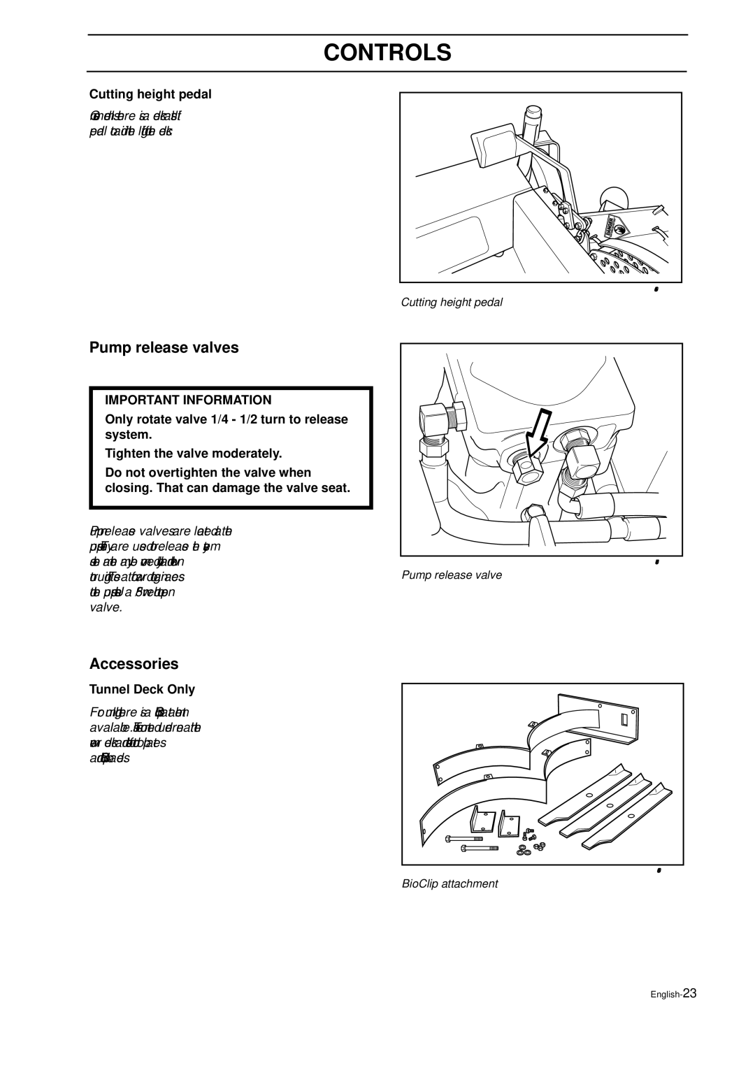 Husqvarna IZ 21 manual Pump release valves, Accessories, Cutting height pedal, Tunnel Deck Only 