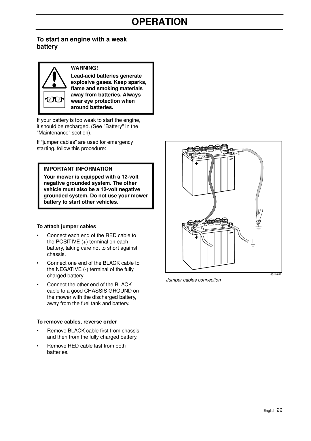 Husqvarna IZ 21 manual To start an engine with a weak battery, To remove cables, reverse order 