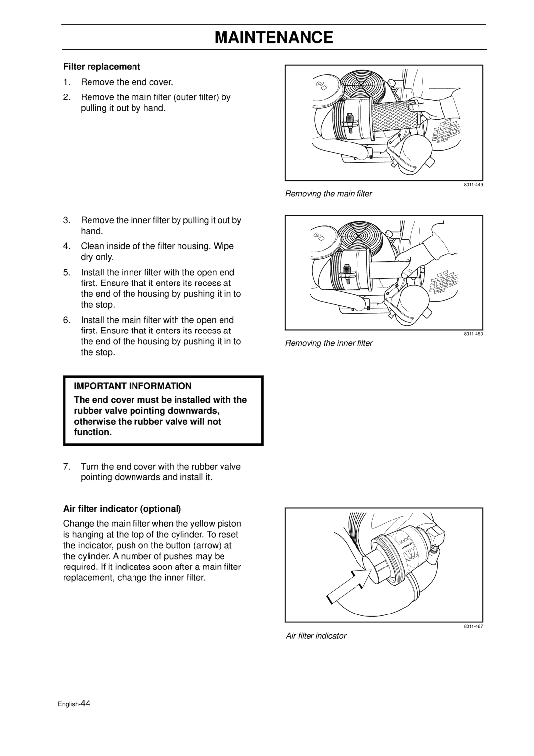 Husqvarna IZ 21 manual Filter replacement, Air filter indicator optional 