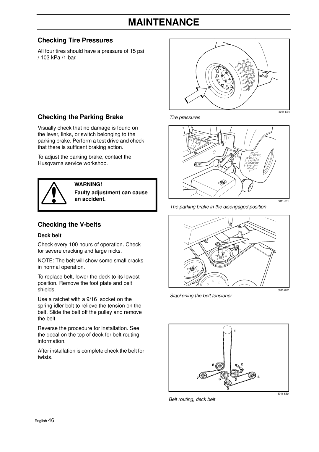 Husqvarna IZ 21 manual Checking Tire Pressures, Checking the Parking Brake, Checking the V-belts, Deck belt 