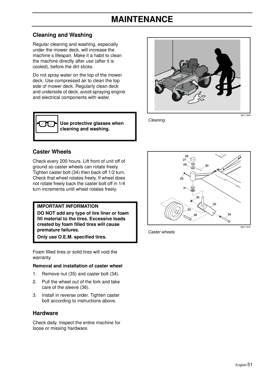 Husqvarna IZ 21 manual Cleaning and Washing, Caster Wheels, Hardware, Use protective glasses when cleaning and washing 