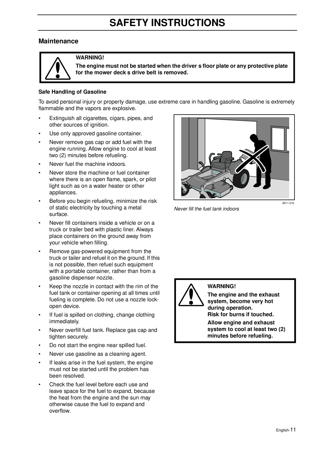 Husqvarna IZ 21 manual Maintenance, Safe Handling of Gasoline, Risk for burns if touched, Safety Instructions 