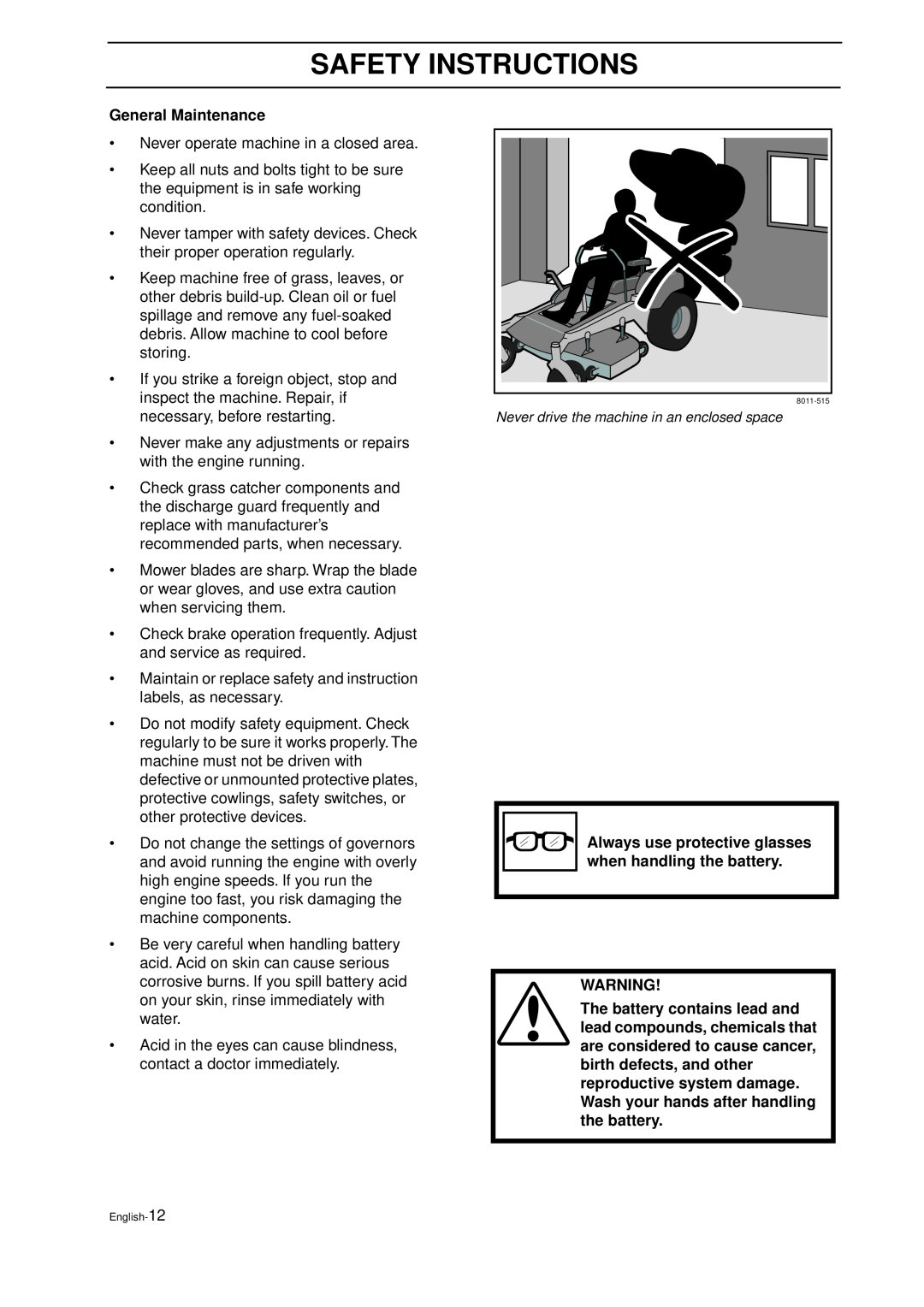Husqvarna IZ 21 manual General Maintenance, Safety Instructions 