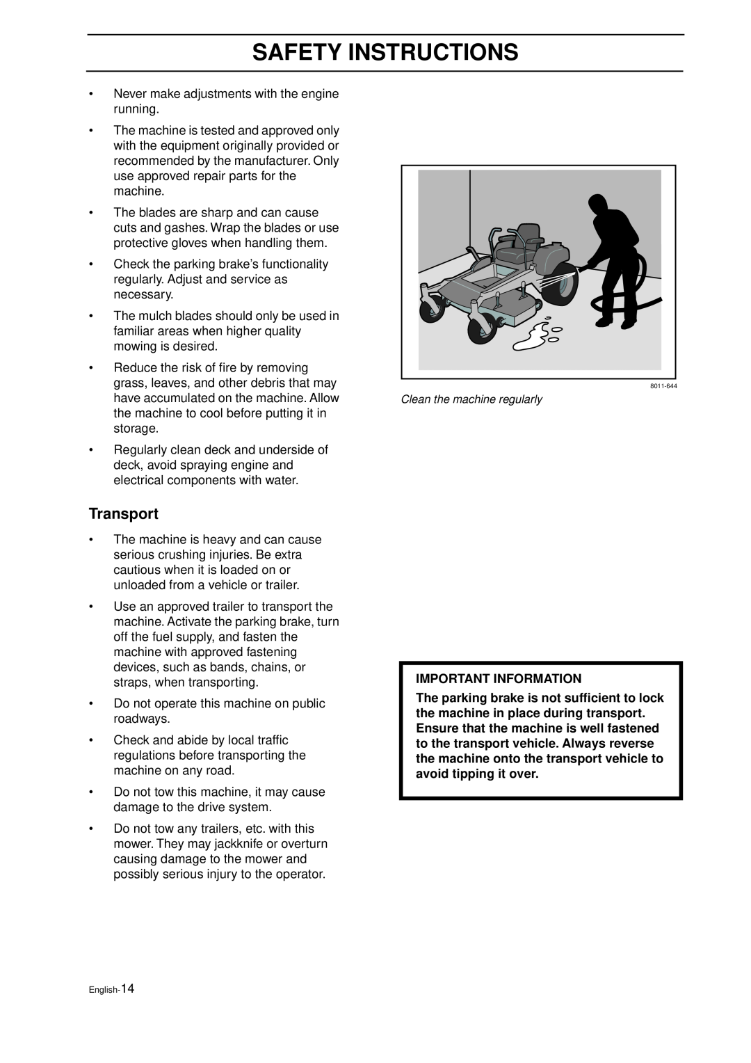 Husqvarna IZ 21 manual Transport, Important Information, Safety Instructions 