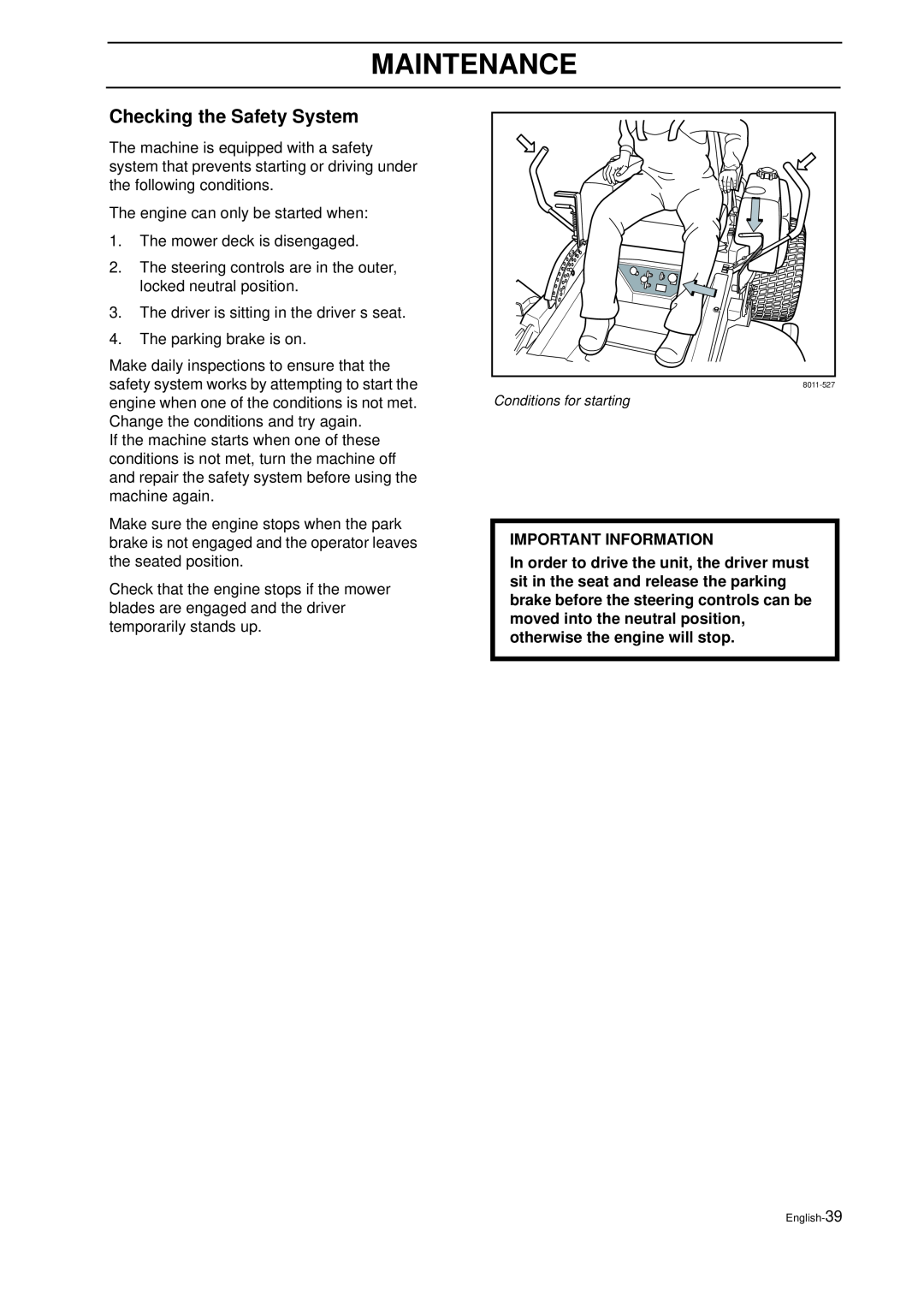 Husqvarna IZ 21 manual Checking the Safety System, Maintenance, Important Information 