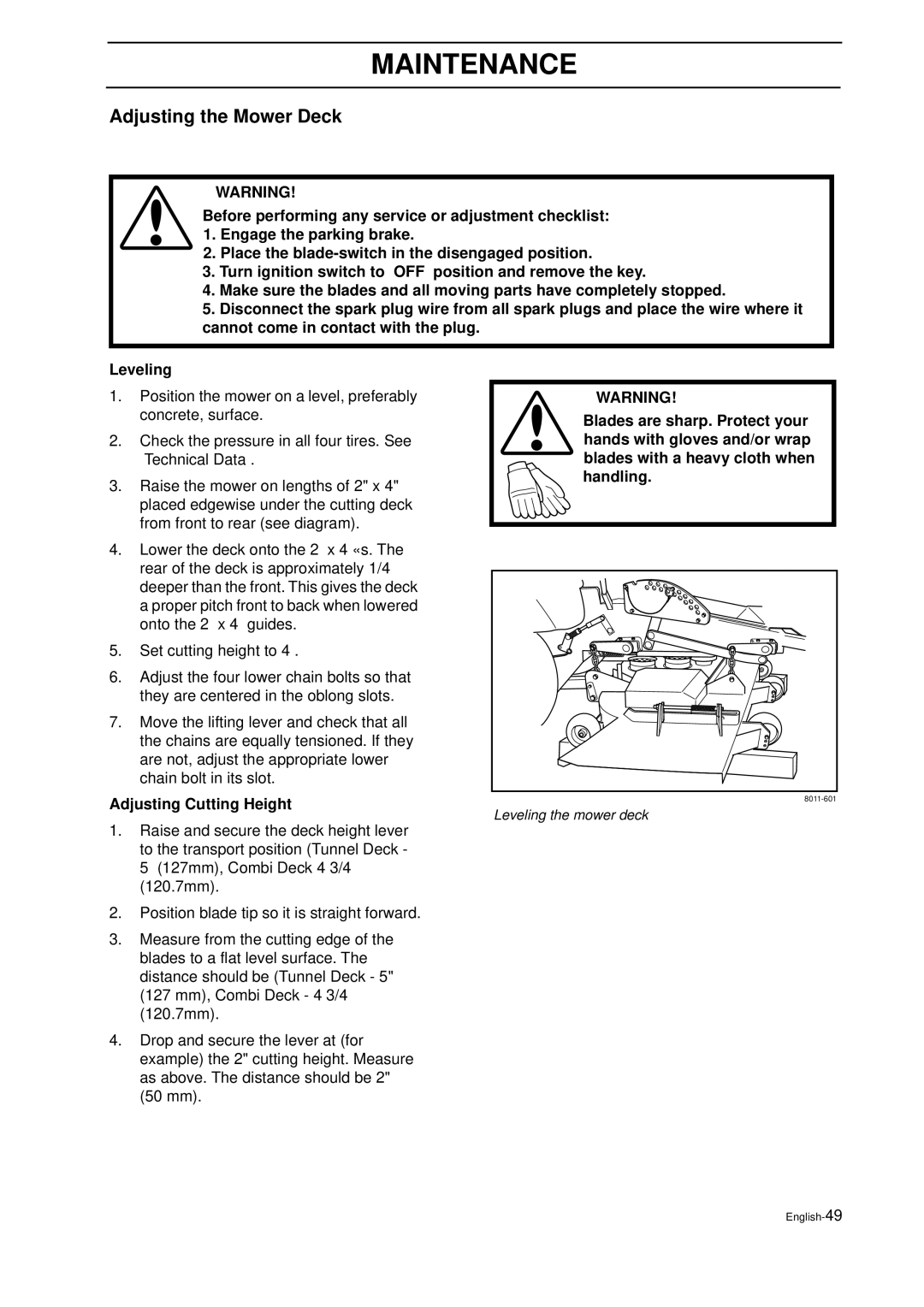 Husqvarna IZ 21 manual Adjusting the Mower Deck, Engage the parking brake, Leveling, Adjusting Cutting Height, Maintenance 