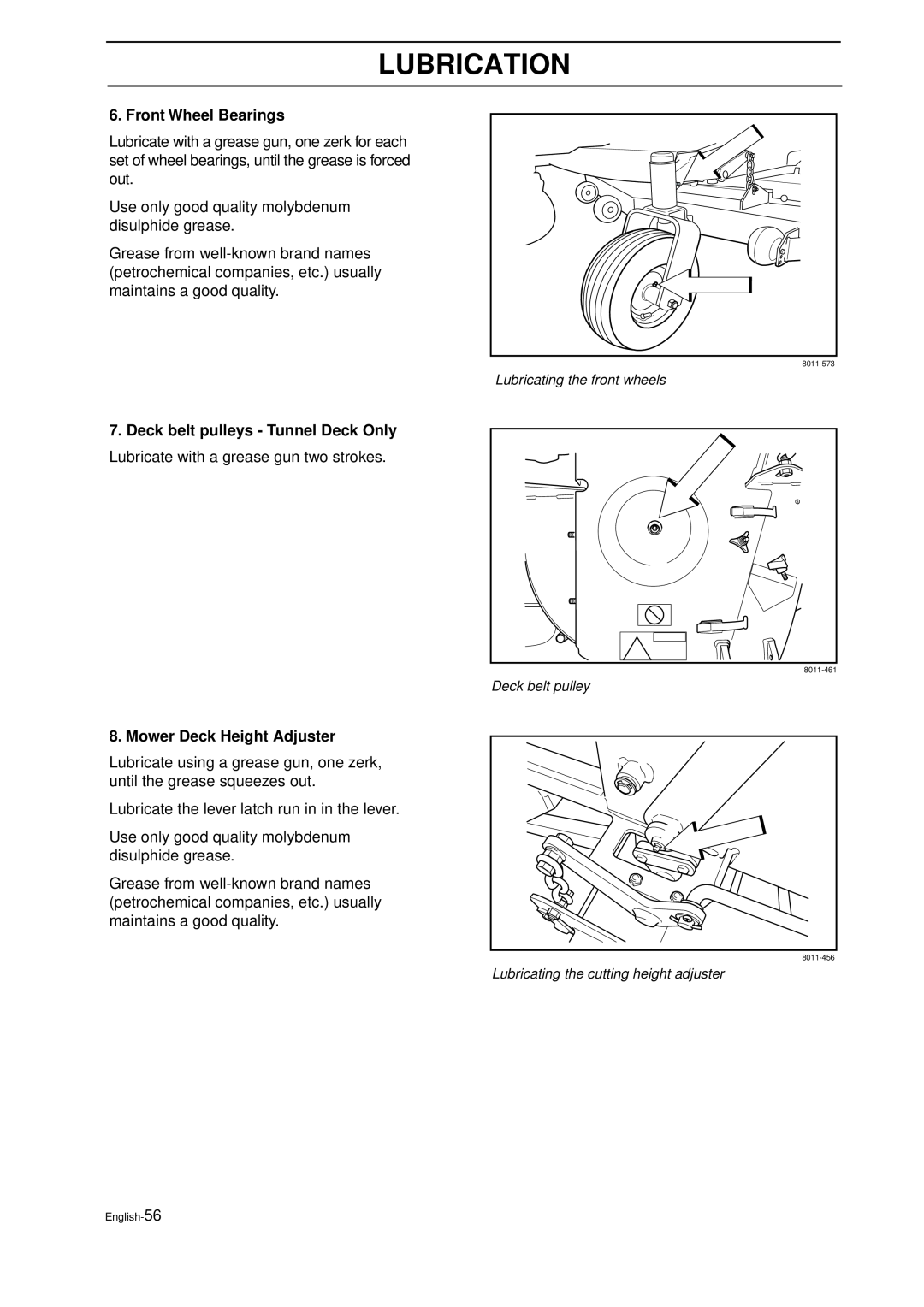 Husqvarna IZ 21 manual Front Wheel Bearings, Deck belt pulleys - Tunnel Deck Only, Mower Deck Height Adjuster, Lubrication 