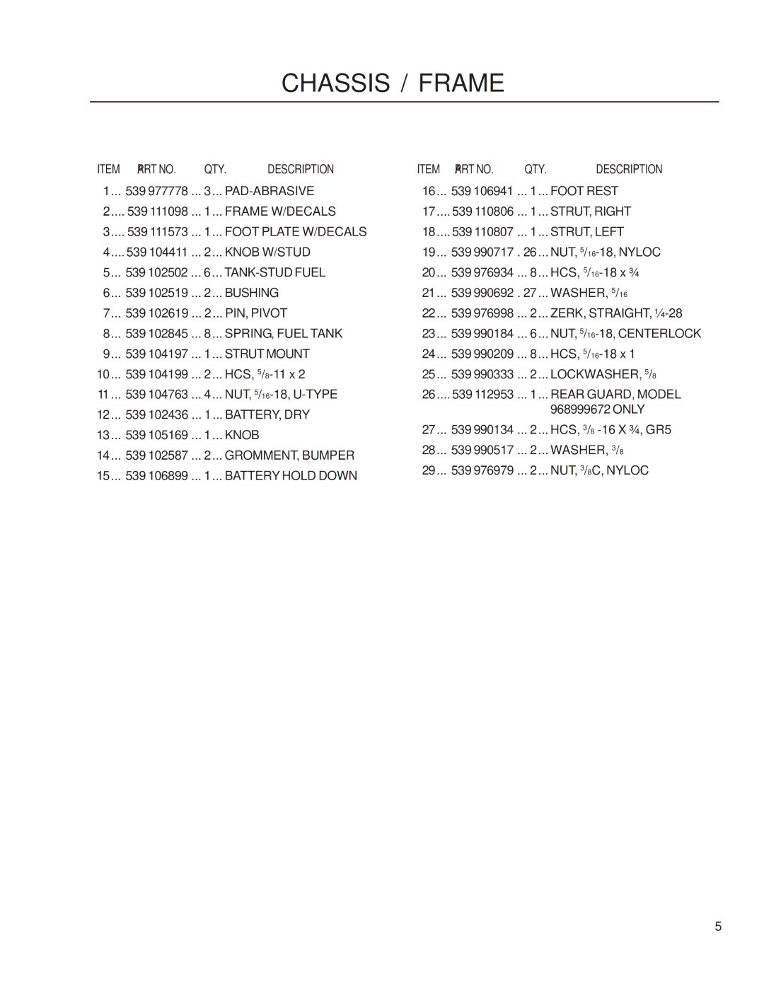 Husqvarna iZ4819/968999704, iZ25/968999672, iZ6125/968999708, iZ4217/968999703, iZ4821/968999705 manual QTY Description 