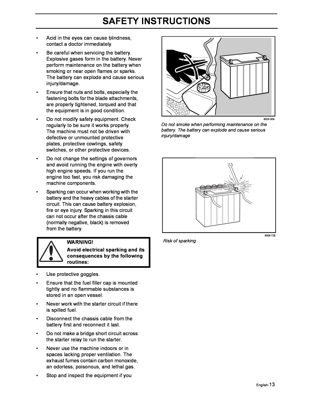 Husqvarna iZ4817SKAA/968999356, iZ4217TSKAA/9689999254 manual Safety Instructions, Risk of sparking, English-13 