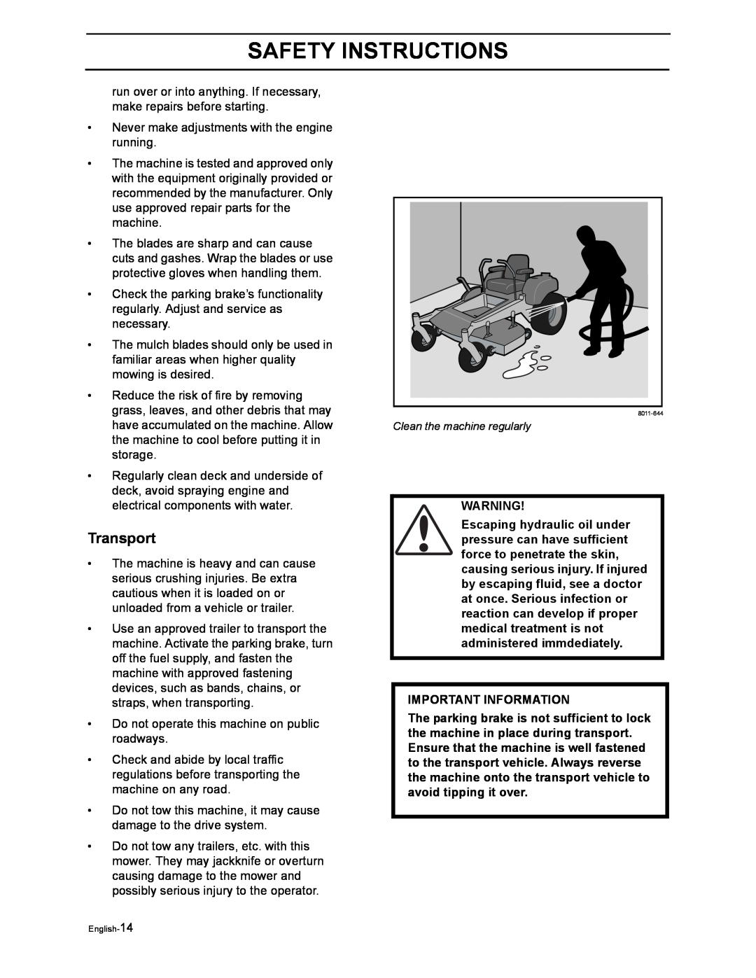 Husqvarna iZ4217TSKAA/9689999254, iZ4817SKAA/968999356 manual Transport, Important Information, Safety Instructions 