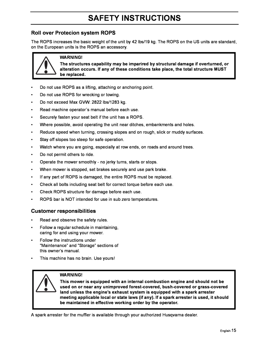 Husqvarna iZ4817SKAA/968999356 manual Roll over Protecion system ROPS, Customer responsibilities, Safety Instructions 