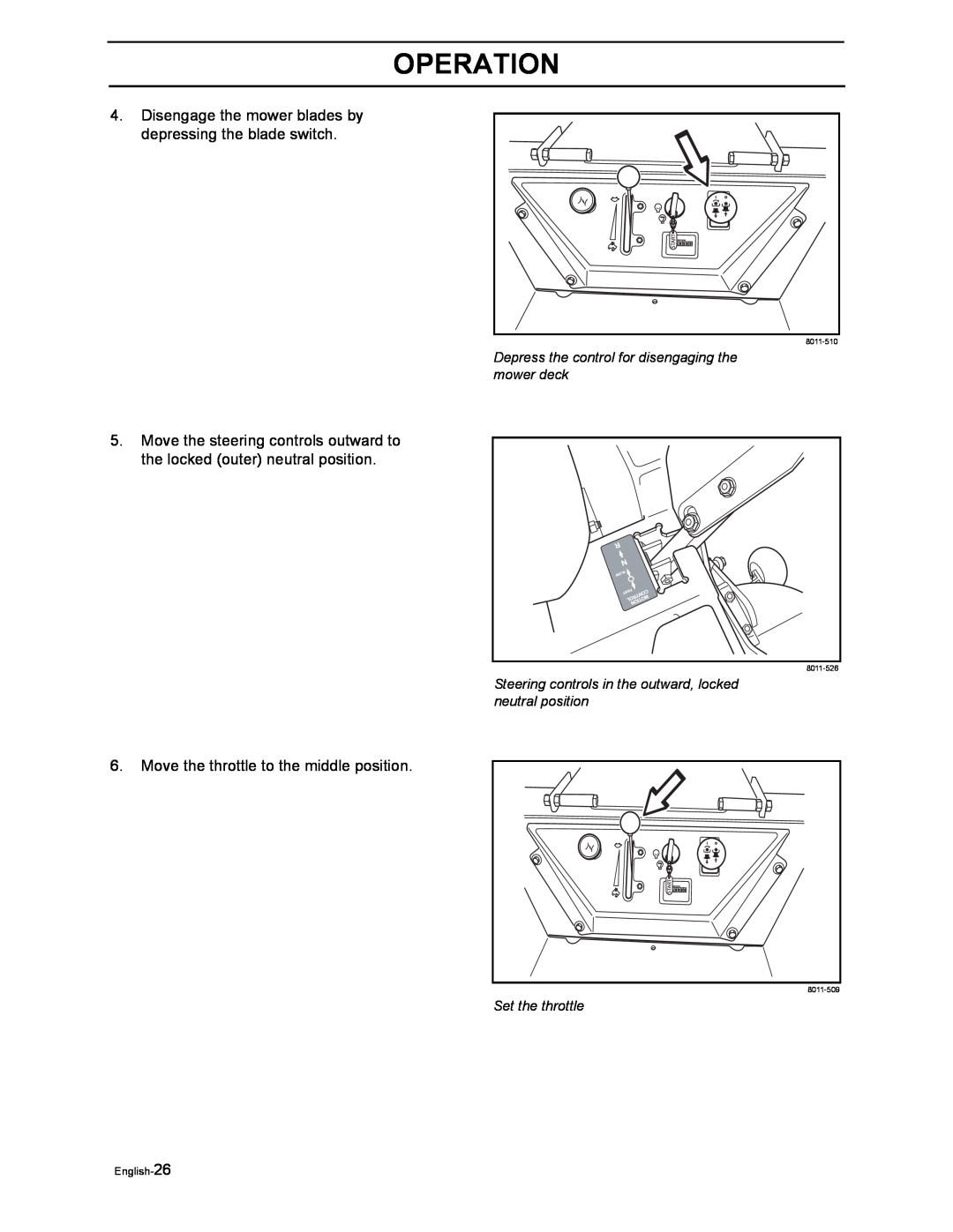 Husqvarna iZ4217TSKAA/9689999254 Operation, Depress the control for disengaging the mower deck, Set the throttle, 8011-510 