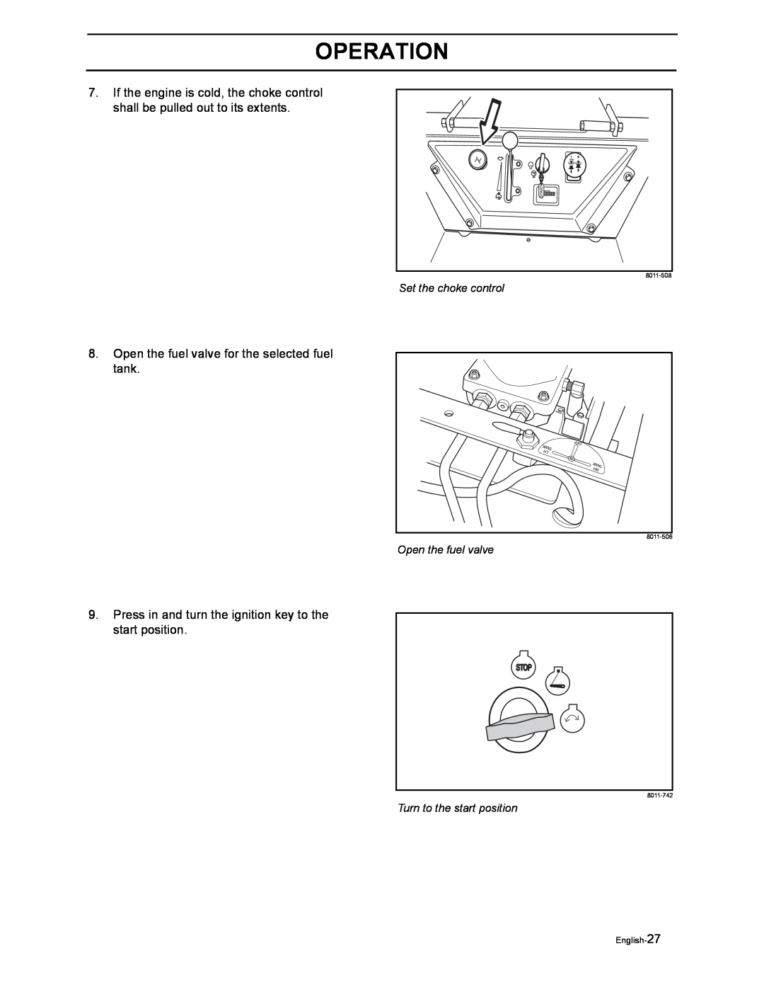 Husqvarna iZ4817SKAA/968999356 Operation, Set the choke control, Open the fuel valve, Turn to the start position, 8011-508 