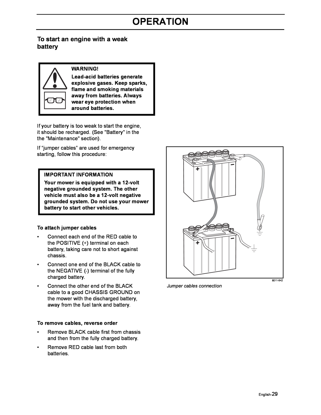 Husqvarna iZ4817SKAA/968999356 manual To start an engine with a weak battery, To attach jumper cables, Operation 