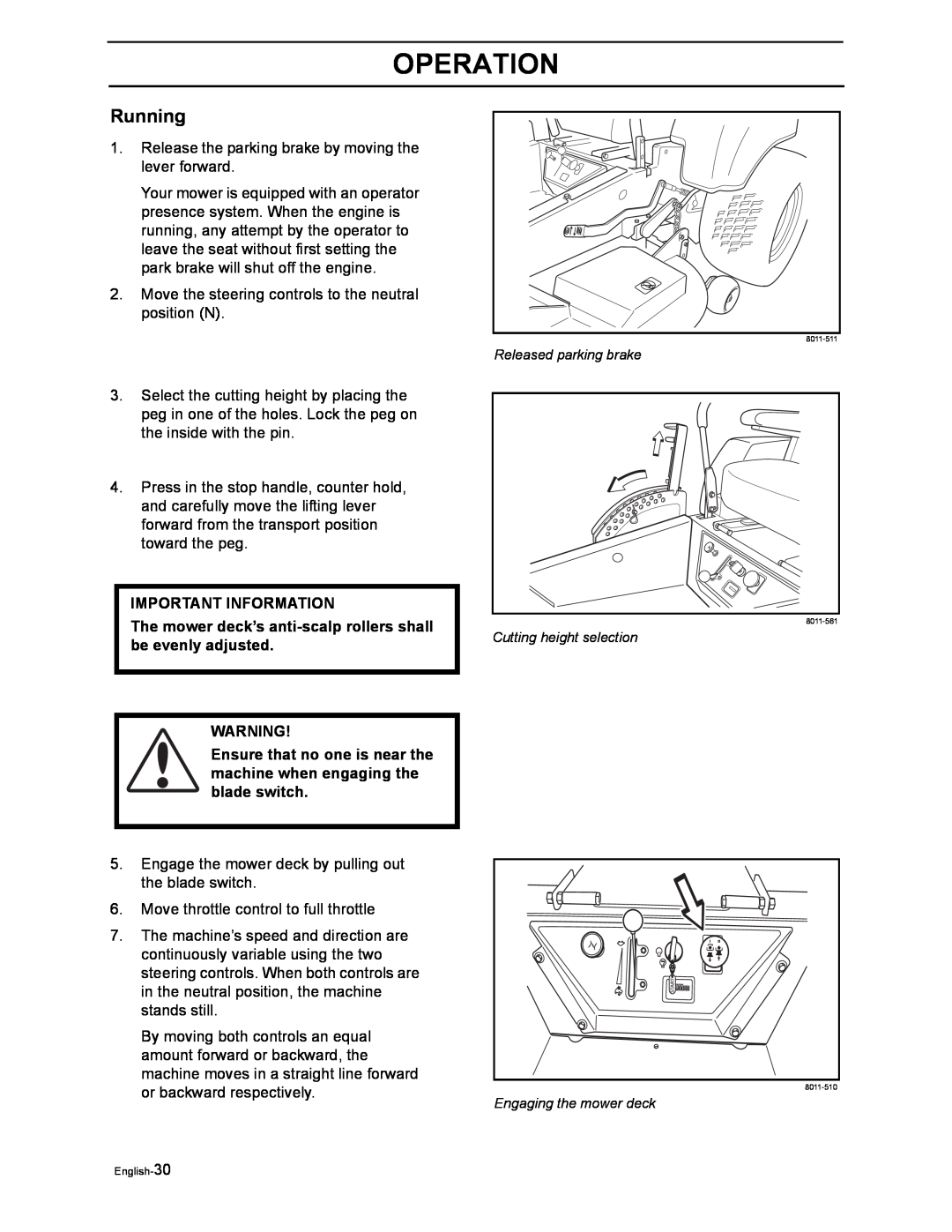 Husqvarna iZ4217TSKAA/9689999254 manual Running, The mower deck’s anti-scalp rollers shall be evenly adjusted, Operation 