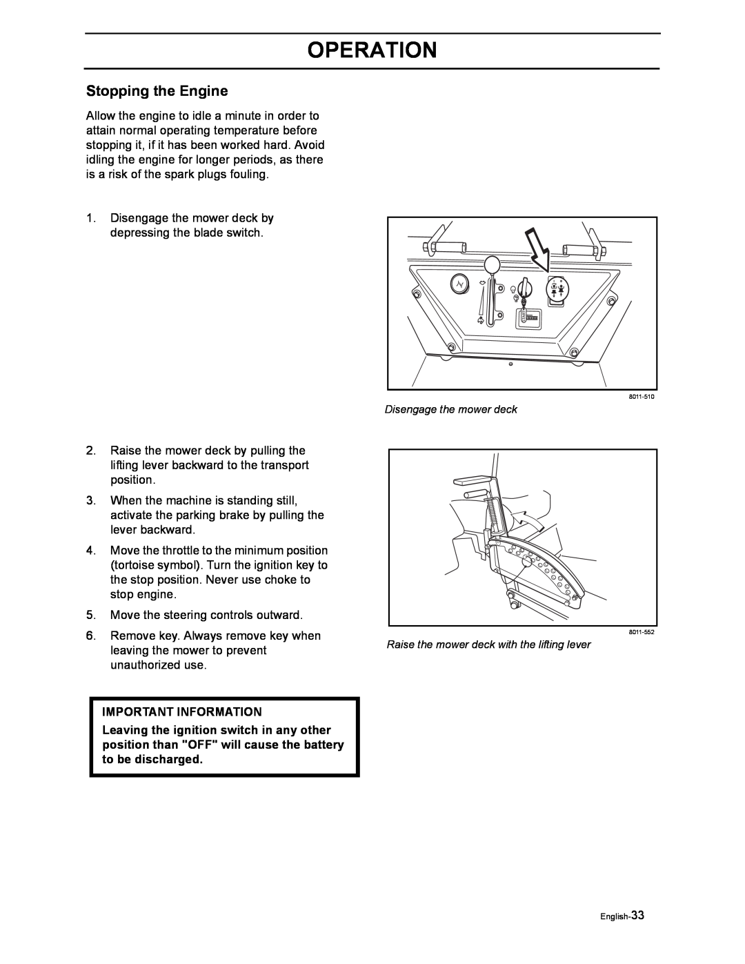 Husqvarna iZ4817SKAA/968999356, iZ4217TSKAA/9689999254 manual Stopping the Engine, Operation, Important Information 