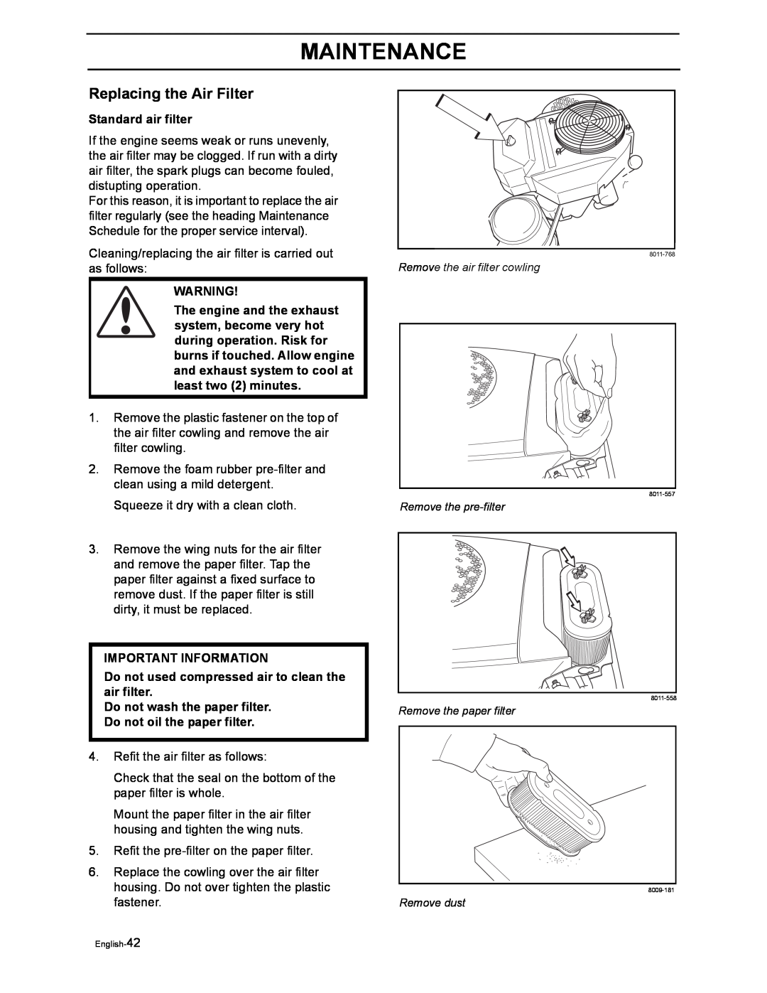 Husqvarna iZ4217TSKAA/9689999254 manual Replacing the Air Filter, Standard air filter, Maintenance, Important Information 