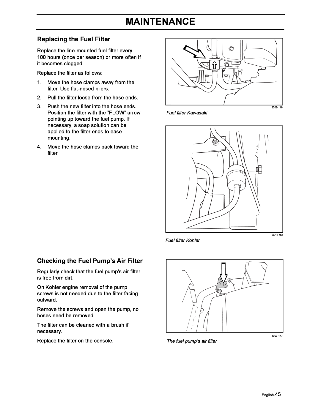 Husqvarna iZ4817SKAA/968999356 manual Replacing the Fuel Filter, Checking the Fuel Pump’s Air Filter, Maintenance 