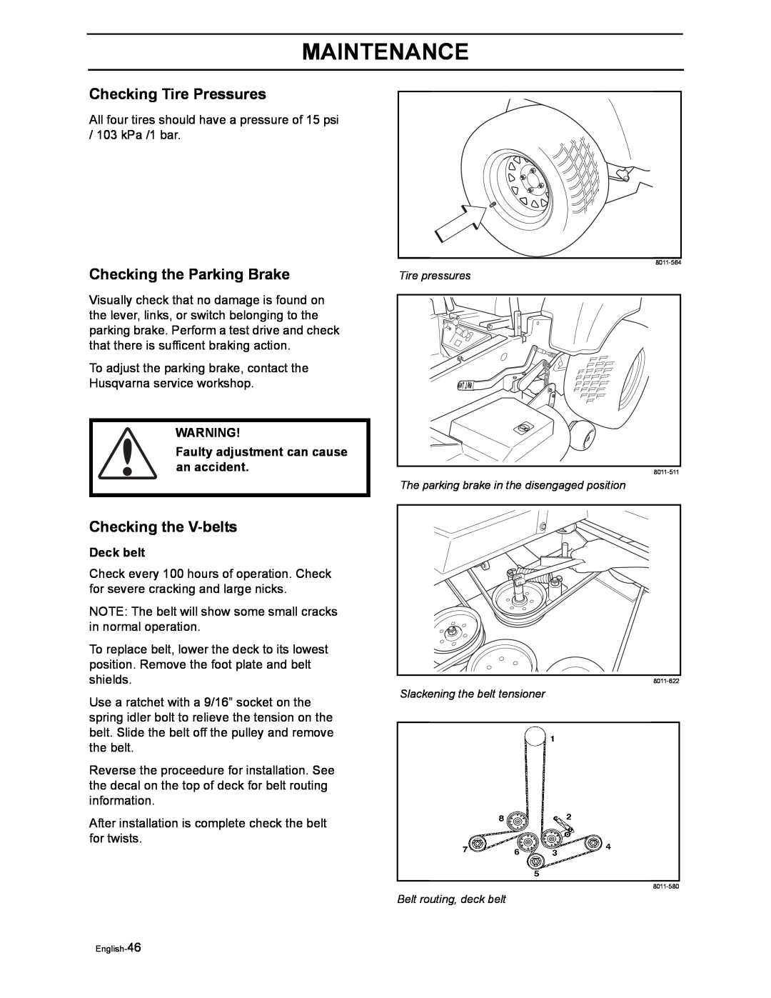 Husqvarna iZ4217TSKAA/9689999254 Checking Tire Pressures, Checking the Parking Brake, Checking the V-belts, Deck belt 